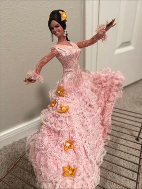 Pink Lace Flamenco Doll with Yellow Flower Accents